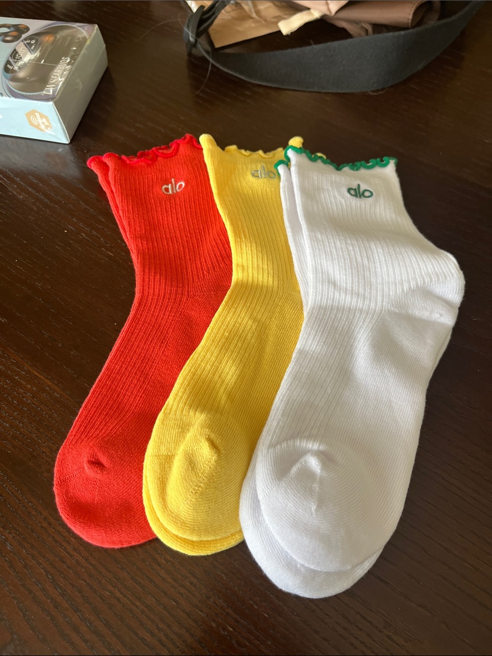 NWOT ALO Yoga Trio Ruffle Trim Ankle Socks in Red, Yellow, White